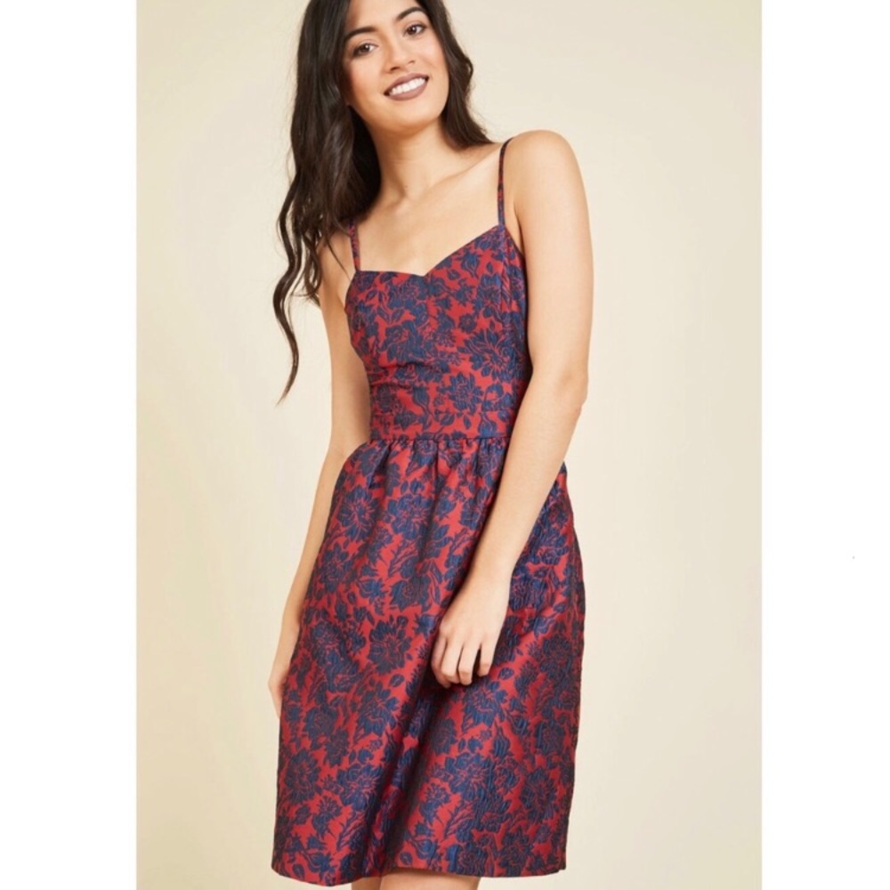 Evenings overseas. Jacquard a-line dress in Ruby